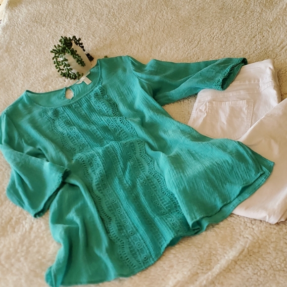 krazy kat Tops - KRAZY KAT Long Flowy Linen Top Teal XXL (EUC)
